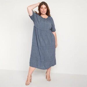 Old Navy Puff Sleeve Chambray Smocked Midi Swing Dress Size Large